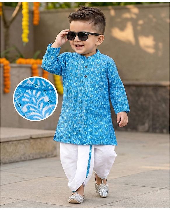 Babyhug Cotton Woven Full Sleeves Cambric Printed  Kurta Dhoti Set with Sequin Detailing - Blue