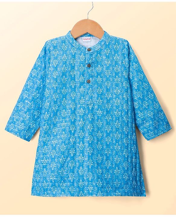 Babyhug Cotton Woven Full Sleeves Cambric Printed  Kurta Dhoti Set with Sequin Detailing - Blue