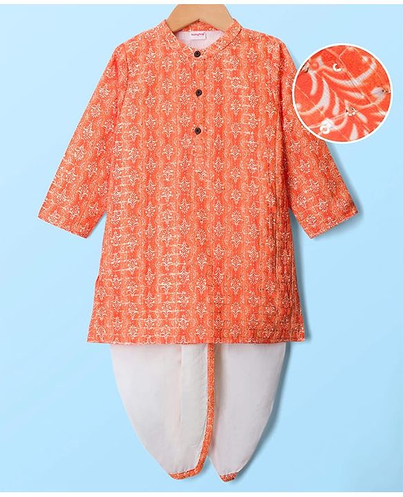 Babyhug Cotton Woven Full Sleeves Cambric Printed Kurta Dhoti Set with Sequin Detailing - Orange