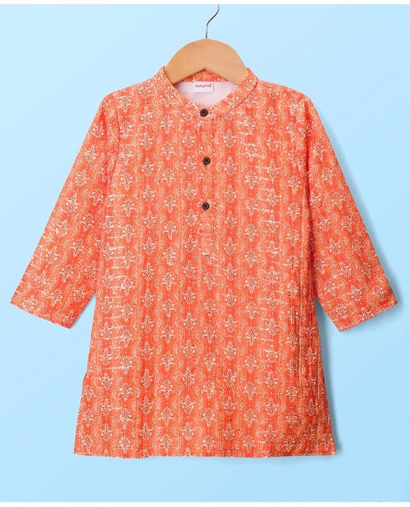 Babyhug Cotton Woven Full Sleeves Cambric Printed Kurta Dhoti Set with Sequin Detailing - Orange