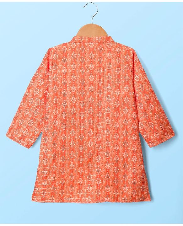 Babyhug Cotton Woven Full Sleeves Cambric Printed Kurta Dhoti Set with Sequin Detailing - Orange
