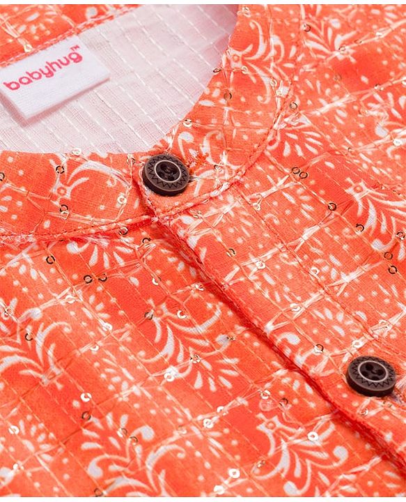 Babyhug Cotton Woven Full Sleeves Cambric Printed Kurta Dhoti Set with Sequin Detailing - Orange