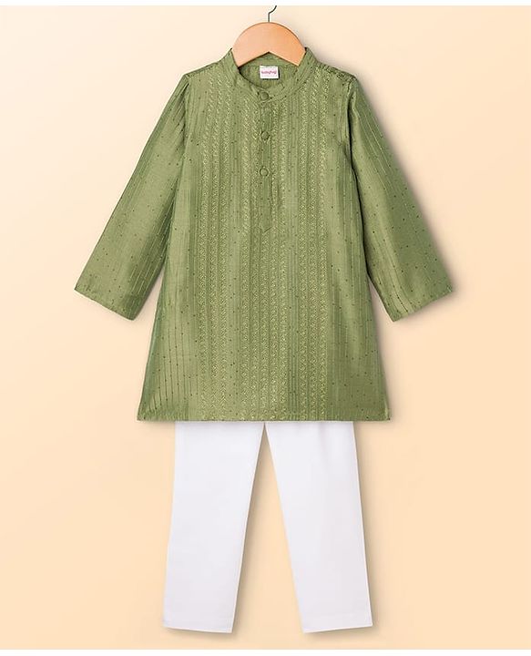Babyhug Dobby Full Sleeves Thread Work Kurta with Pyjama Set - Green