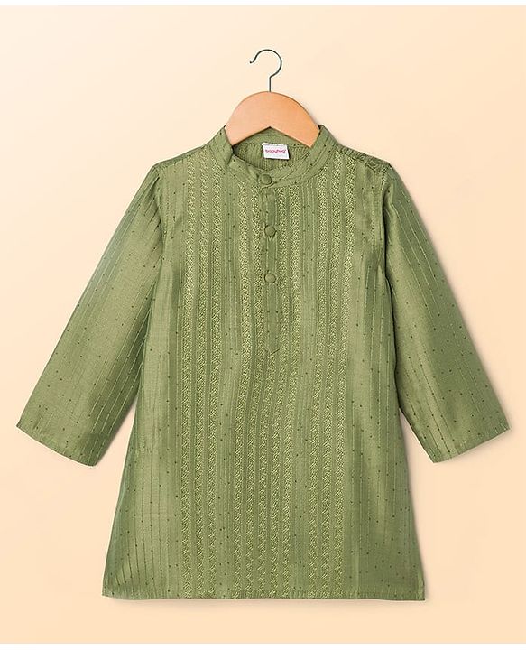 Babyhug Dobby Full Sleeves Thread Work Kurta with Pyjama Set - Green