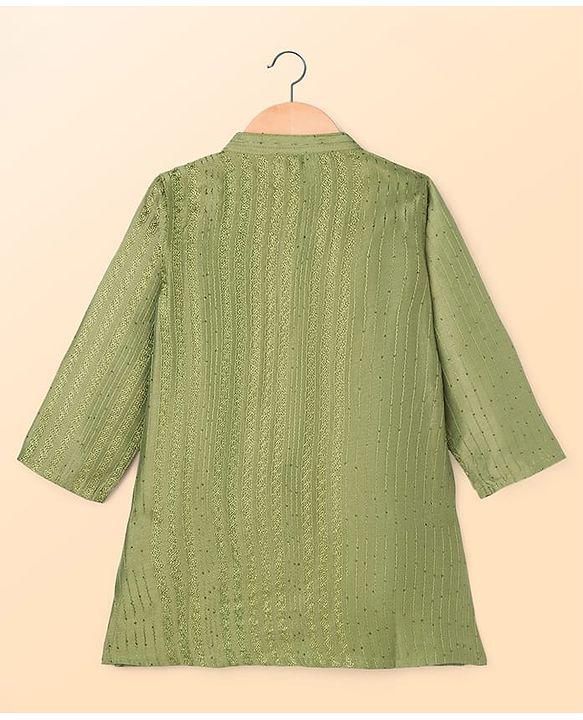Babyhug Dobby Full Sleeves Thread Work Kurta with Pyjama Set - Green