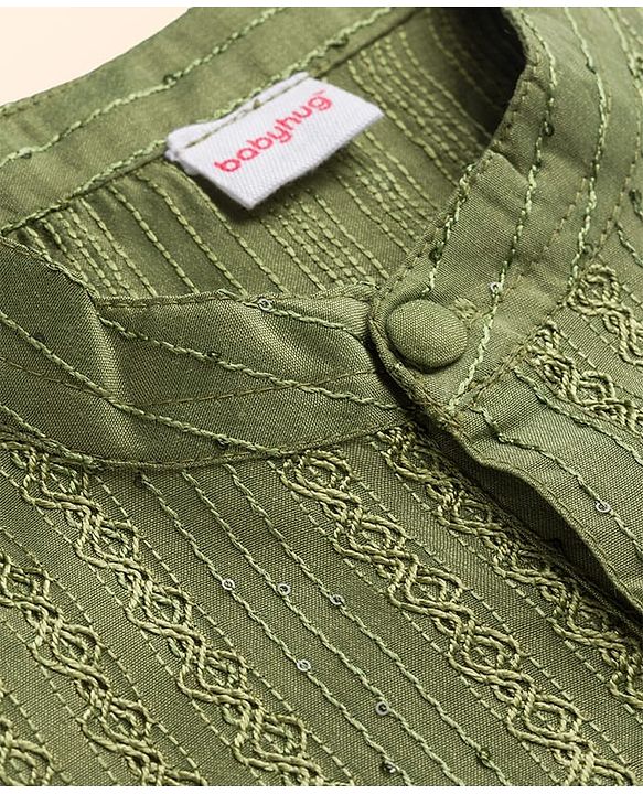 Babyhug Dobby Full Sleeves Thread Work Kurta with Pyjama Set - Green
