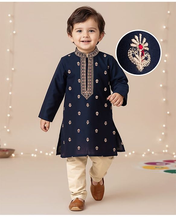 Babyhug Woven Full Sleeves Floral Embroidered Kurta with Pyjama Set - Navy Blue