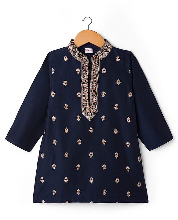 Babyhug Woven Full Sleeves Floral Embroidered Kurta with Pyjama Set - Navy Blue