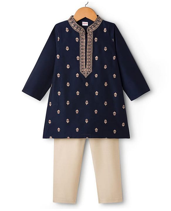 Babyhug Woven Full Sleeves Floral Embroidered Kurta with Pyjama Set - Navy Blue