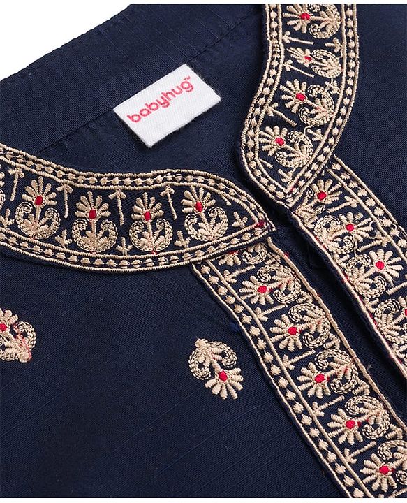 Babyhug Woven Full Sleeves Floral Embroidered Kurta with Pyjama Set - Navy Blue