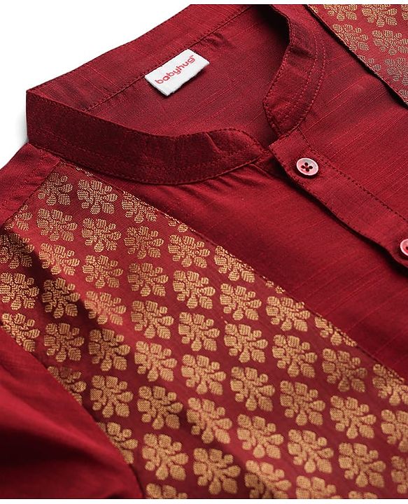 Babyhug Woven Full Sleeves Kurta Pyjama Set with Brocade Print Attached Jacket - Maroon & White