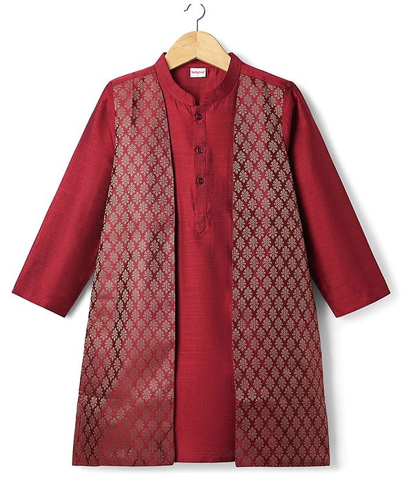 Babyhug Woven Full Sleeves Kurta Pyjama Set with Brocade Print Attached Jacket - Maroon & White