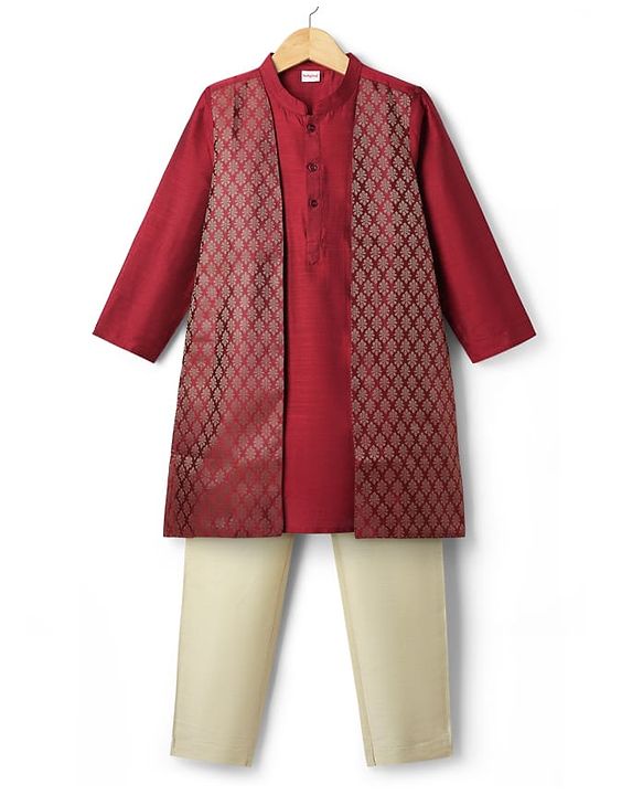 Babyhug Woven Full Sleeves Kurta Pyjama Set with Brocade Print Attached Jacket - Maroon & White