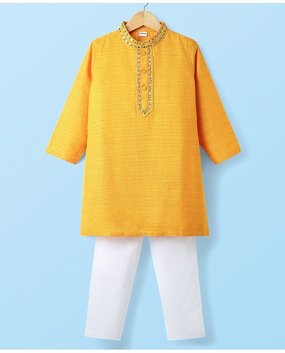 Babyhug Woven Full Sleeves Kurta Pyjama Set with Lace Detailing - Yellow & White