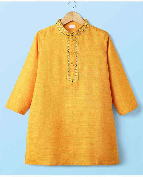 Babyhug Woven Full Sleeves Kurta Pyjama Set with Lace Detailing - Yellow & White