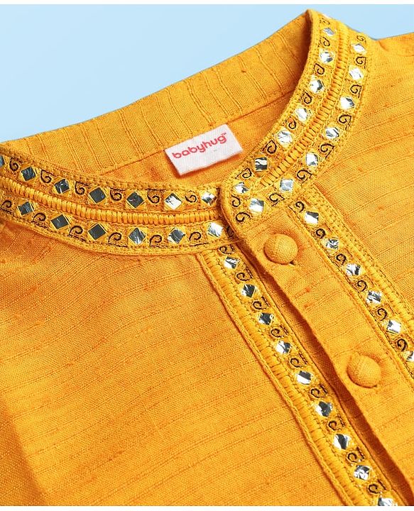 Babyhug Woven Full Sleeves Kurta Pyjama Set with Lace Detailing - Yellow & White