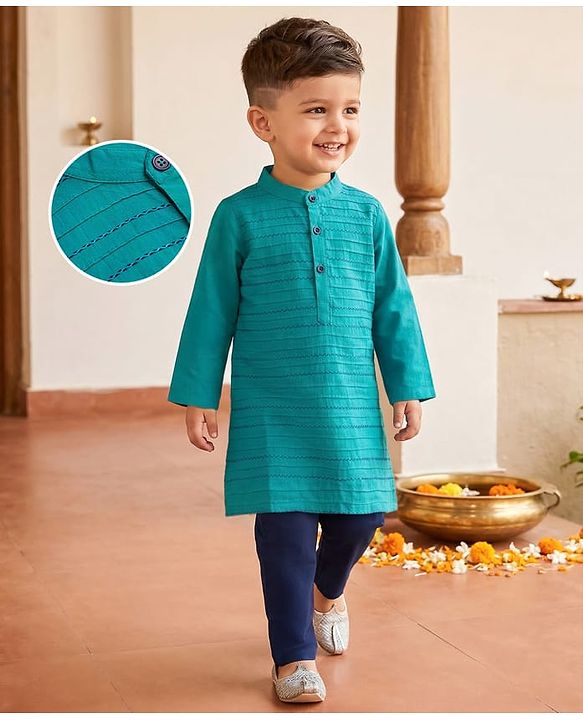 Babyhug Cambric Woven Full Sleeves Kurta Pajama Set With Embriodery - Teal Blue