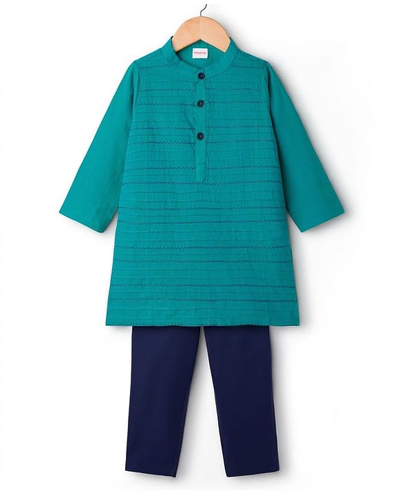 Babyhug Cambric Woven Full Sleeves Kurta Pajama Set With Embriodery - Teal Blue