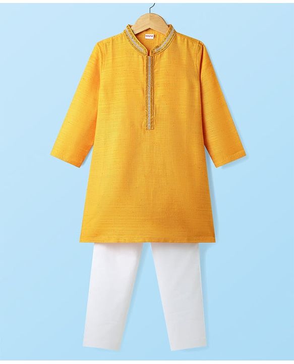 Babyhug Woven Full Sleeves Kurta Pyjama Set with Lace Detailing - Yellow & White