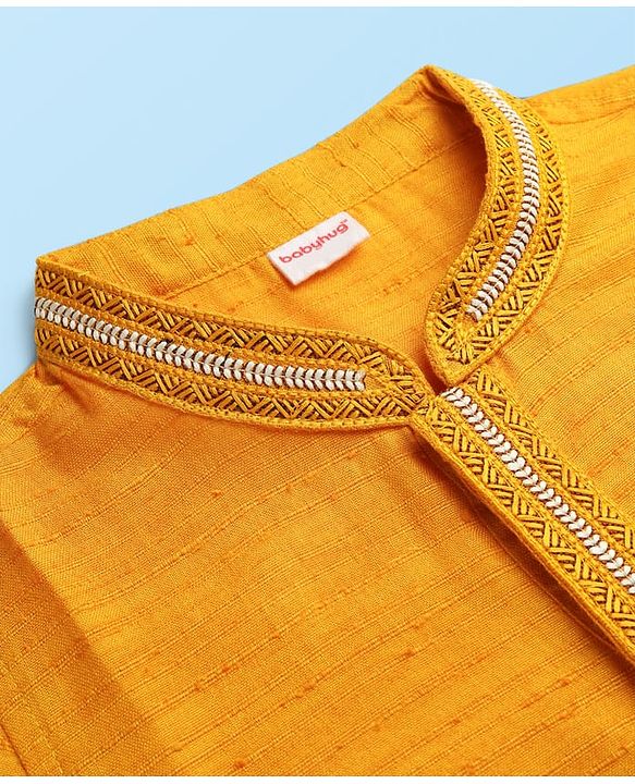 Babyhug Woven Full Sleeves Kurta Pyjama Set with Lace Detailing - Yellow & White