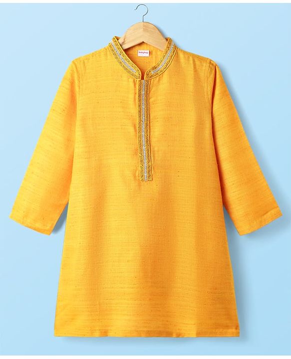 Babyhug Woven Full Sleeves Kurta Pyjama Set with Lace Detailing - Yellow & White