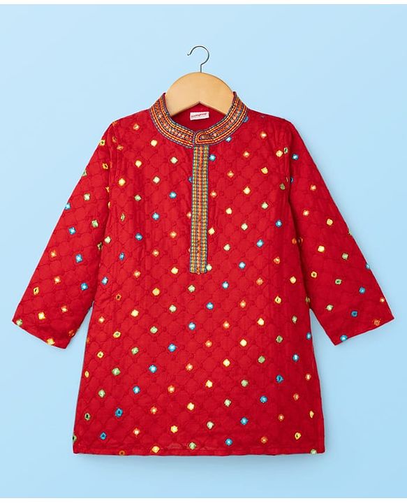 Babyhug Woven Full Sleeves Kurta Pajama Set With Mirror Embroidery - Red & White
