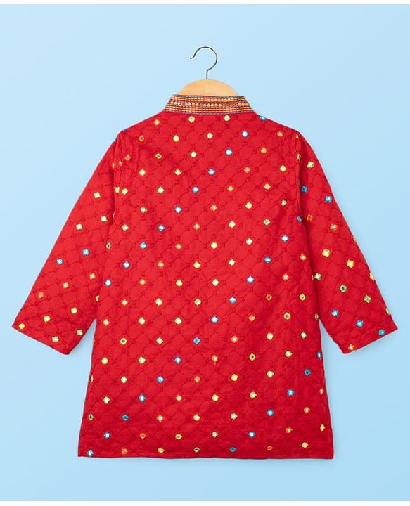Babyhug Woven Full Sleeves Kurta Pajama Set With Mirror Embroidery - Red & White