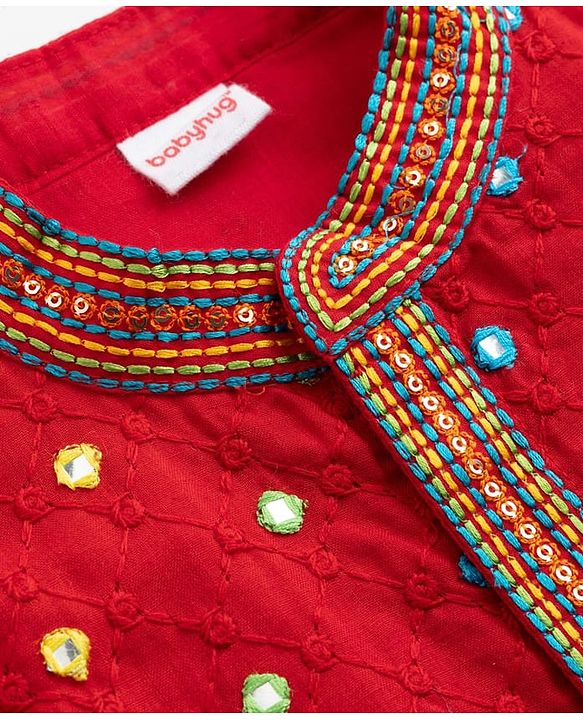 Babyhug Woven Full Sleeves Kurta Pajama Set With Mirror Embroidery - Red & White