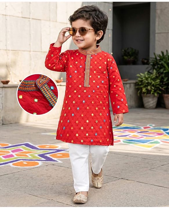 Babyhug Woven Full Sleeves Kurta Pajama Set With Mirror Embroidery - Red & White