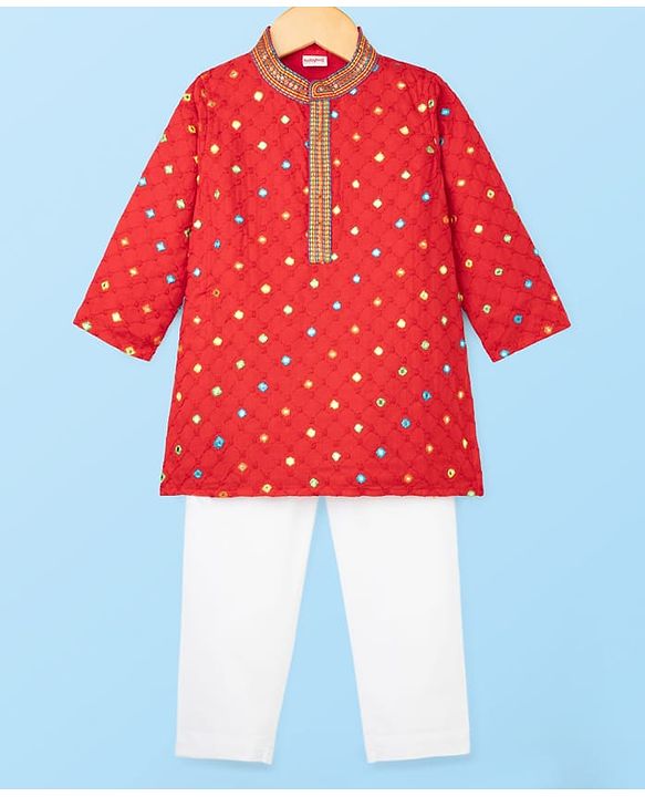 Babyhug Woven Full Sleeves Kurta Pajama Set With Mirror Embroidery - Red & White