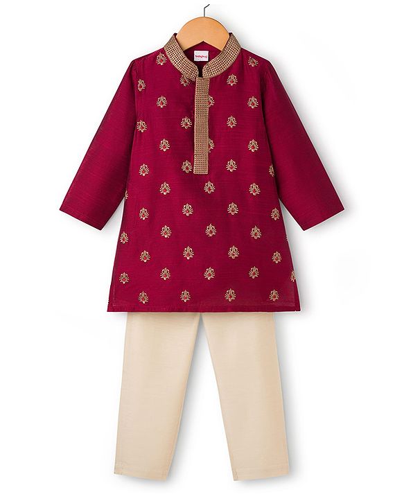 Babyhug Woven Full Sleeves Floral Embroidered Kurta with Pyjama Set - Maroon