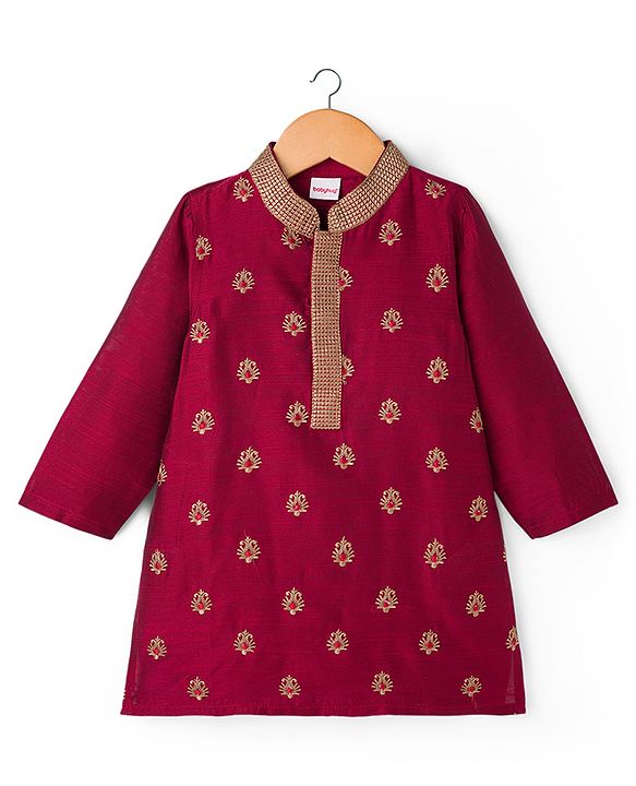 Babyhug Woven Full Sleeves Floral Embroidered Kurta with Pyjama Set - Maroon