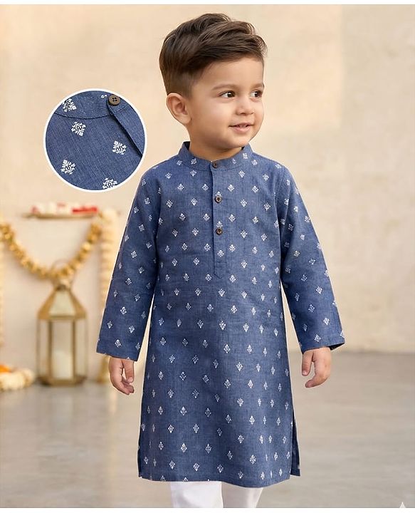 Babyhug Cotton Woven Full Sleeves Kurta with Floral Print - Blue