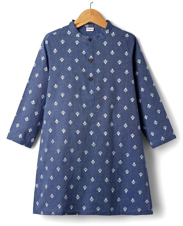 Babyhug Cotton Woven Full Sleeves Kurta with Floral Print - Blue