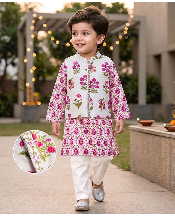 Babyhug Cambric Woven Full Sleeves  Floral Printed Kurta Pajama Set with Nehru Jacket - White