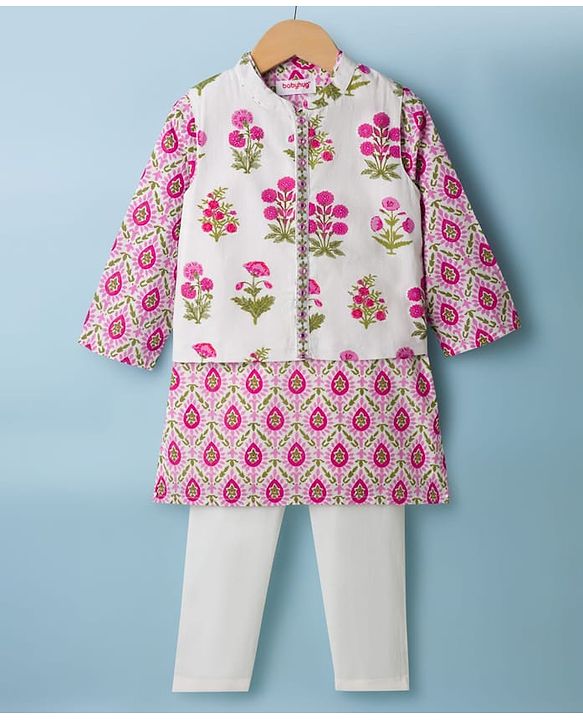 Babyhug Cambric Woven Full Sleeves  Floral Printed Kurta Pajama Set with Nehru Jacket - White
