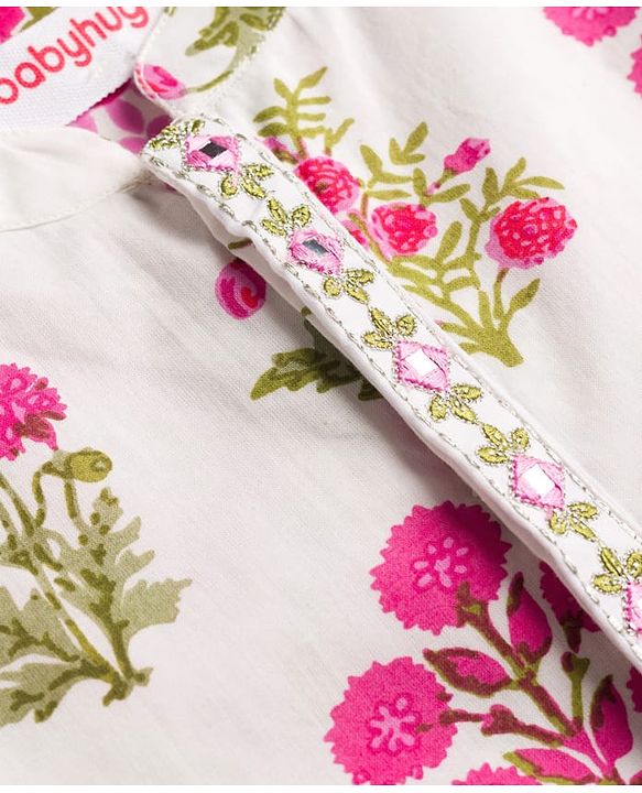 Babyhug Cambric Woven Full Sleeves  Floral Printed Kurta Pajama Set with Nehru Jacket - White