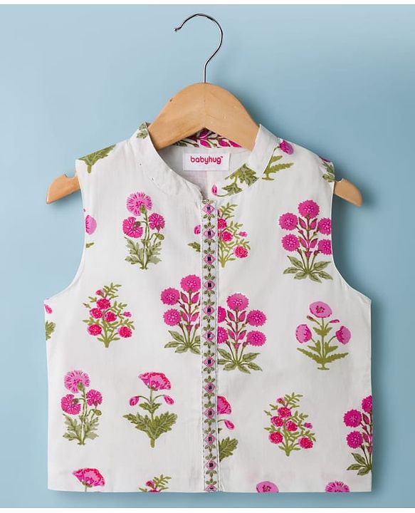 Babyhug Cambric Woven Full Sleeves  Floral Printed Kurta Pajama Set with Nehru Jacket - White