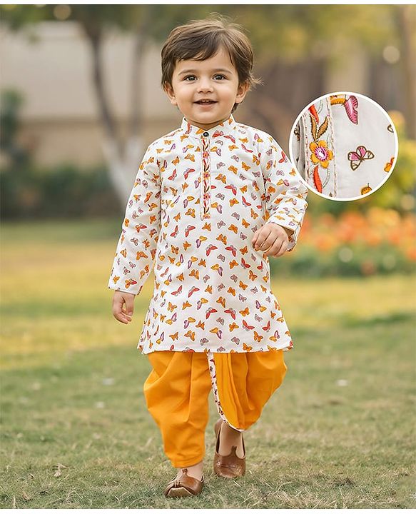 Babyhug Cambric Woven Full Sleeves Kurta Dhoti Set Butterfly Print - White