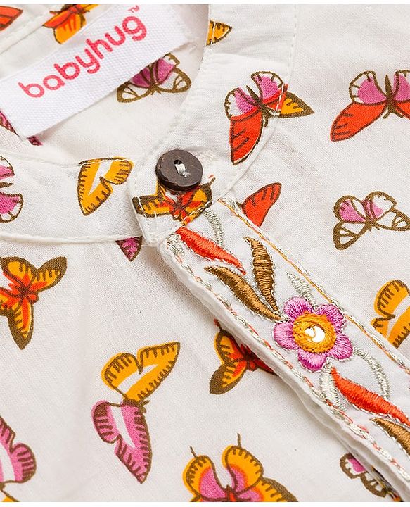 Babyhug Cambric Woven Full Sleeves Kurta Dhoti Set Butterfly Print - White