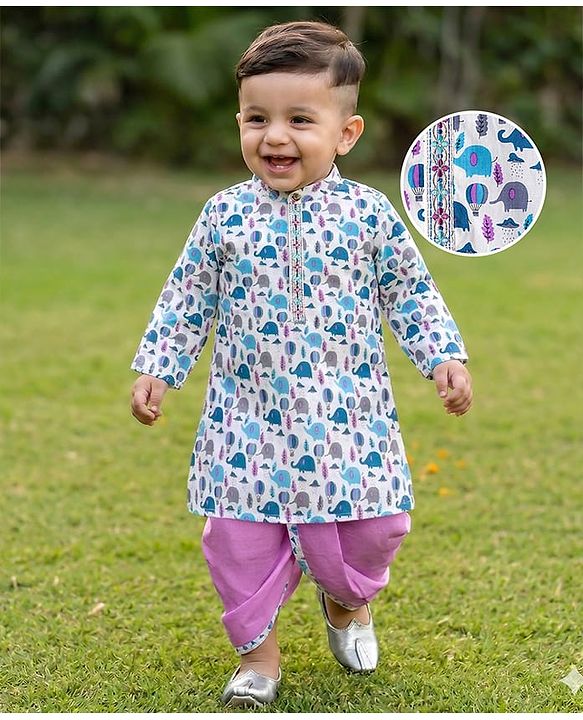 Babyhug Cambric Woven Full Sleeves Kurta Dhoti Set Jungle Theme Print - White