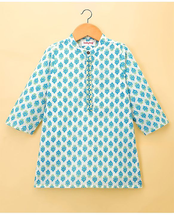 Babyhug 100% Cotton Woven Full Sleeves Kurta & Dhoti Set With Floral Print - Blue