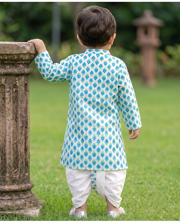 Babyhug 100% Cotton Woven Full Sleeves Kurta & Dhoti Set With Floral Print - Blue