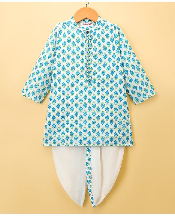 Babyhug 100% Cotton Woven Full Sleeves Kurta & Dhoti Set With Floral Print - Blue