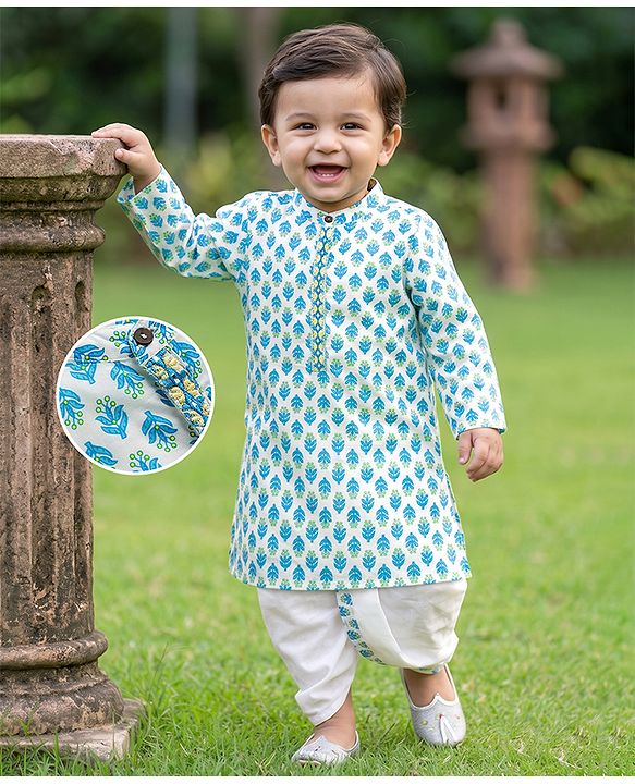Babyhug 100% Cotton Woven Full Sleeves Kurta & Dhoti Set With Floral Print - Blue