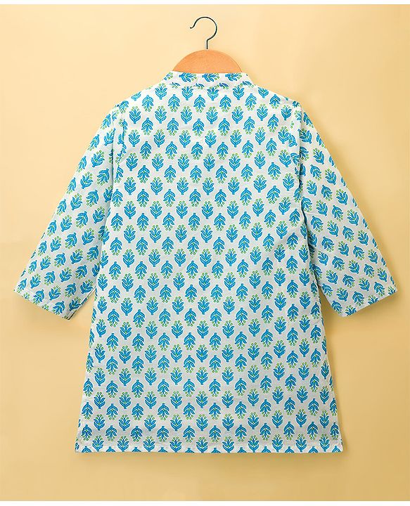 Babyhug 100% Cotton Woven Full Sleeves Kurta & Dhoti Set With Floral Print - Blue