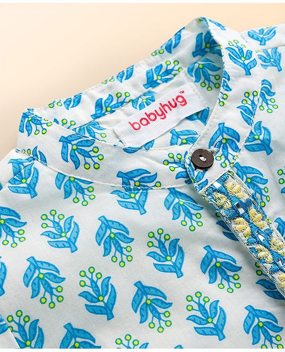 Babyhug 100% Cotton Woven Full Sleeves Kurta & Dhoti Set With Floral Print - Blue