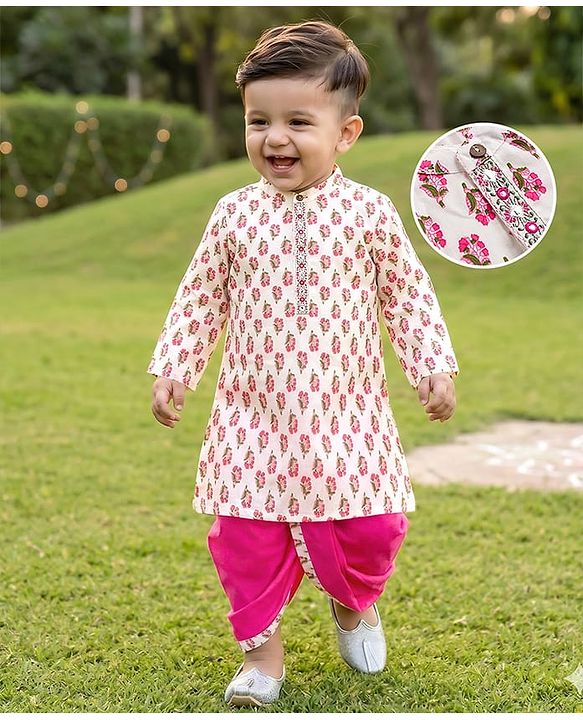 Babyhug Cambric Woven Full Sleeves Kurta Dhoti Set Floral Print - White