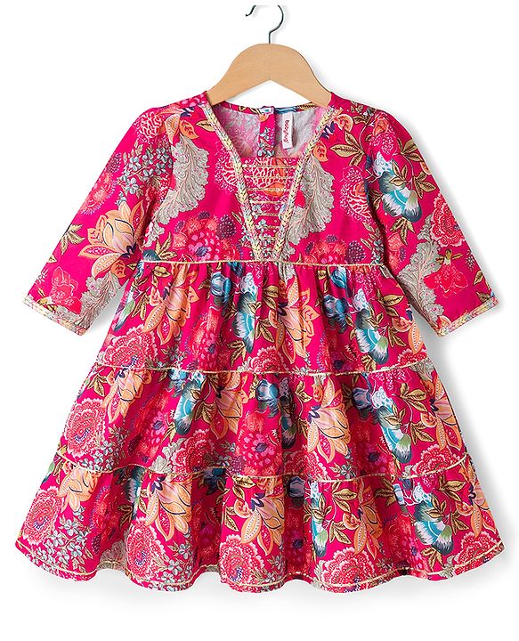 Babyhug 100% Cotton Woven Three Forth Sleeves Floral Printed Sequinned Tiered Ethnic Dress - Fuchsia