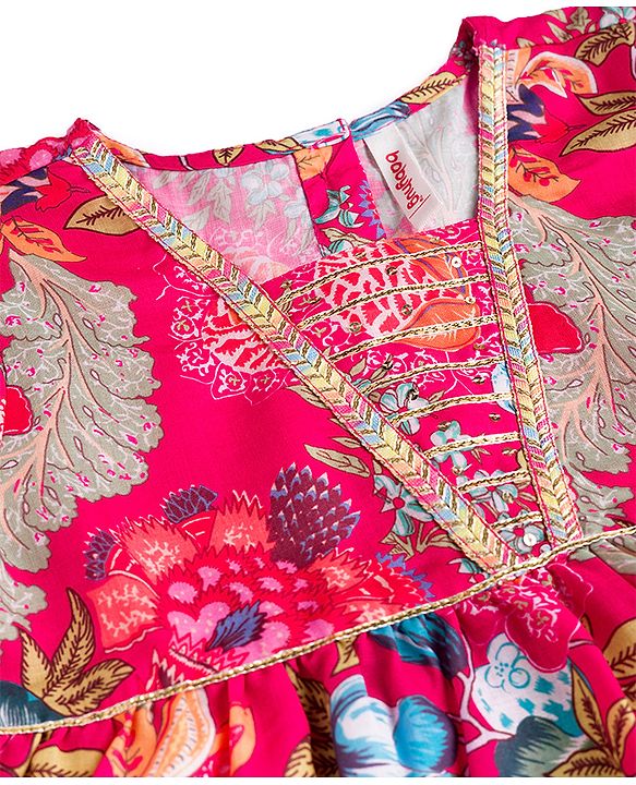 Babyhug 100% Cotton Woven Three Forth Sleeves Floral Printed Sequinned Tiered Ethnic Dress - Fuchsia